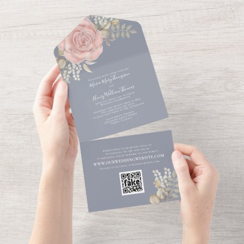 Rose Gold Elegant Watercolor Floral Rose QR Code All In One Invitation