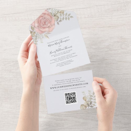 Rose Gold Elegant Watercolor Floral Rose QR Code All In One Invitation