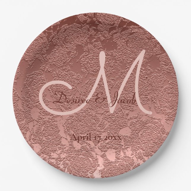 Rose Gold Elegant Wedding Reception Monogram Paper Plates (Front)
