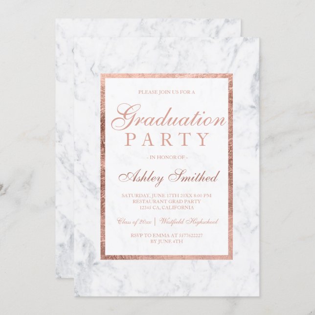 Rose gold elegant white marble Graduation party Invitation (Front/Back)