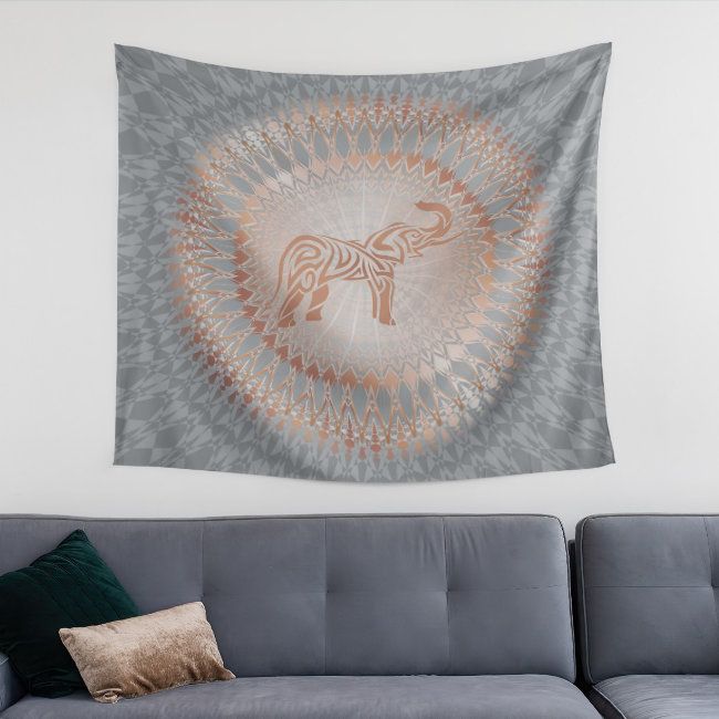 "Rose Gold Elephant Radiance" | Elephant Mandala Tapestry