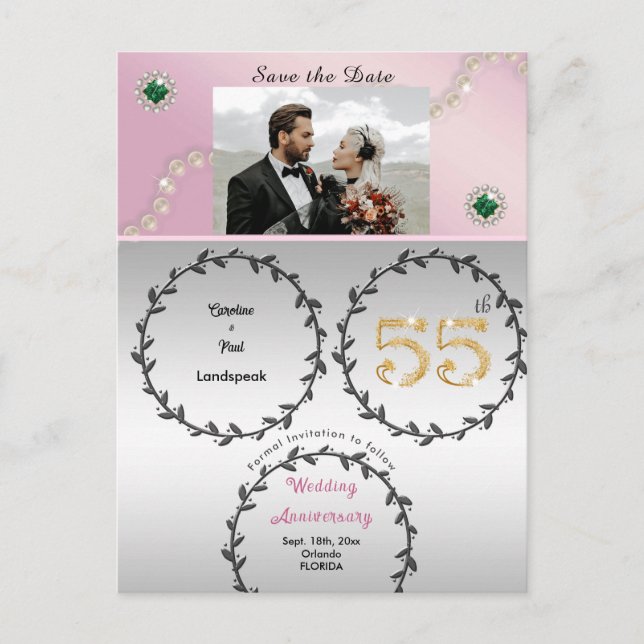 Rose Gold Emerald 55th Anniversary Save the Date Postcard (Front)