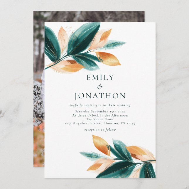 Rose Gold Emerald Leaves Script Photo Wedding Invitation (Front/Back)