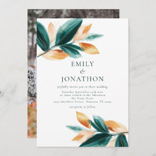 Rose Gold Emerald Leaves Script Photo Wedding Invitation