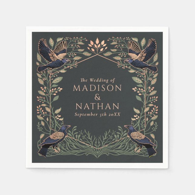 Rose Gold Enchanted Gothic Raven Floral Wedding  Napkins (Front)