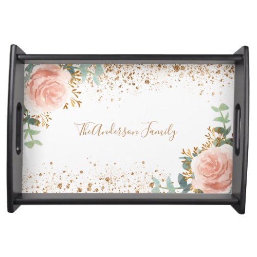 Rose gold eucalyptus blush floral glitter family serving tray
