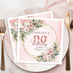 Rose Gold Eucalyptus Floral 90th Birthday Party  Napkins
