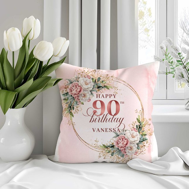 Rose Gold Eucalyptus Floral 90th Birthday Pillow (Rose Gold Eucalyptus Floral 90th Birthday Pillow)