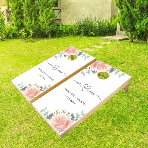 Rose gold eucalyptus greenery mr mrs wedding cornhole set