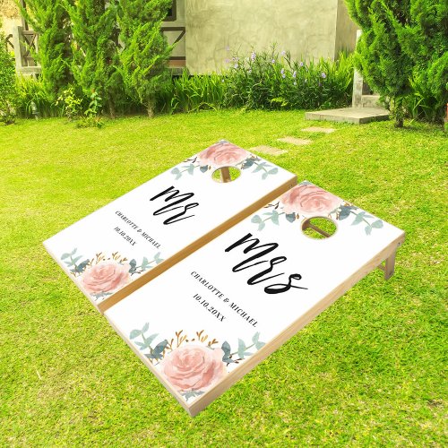 Rose gold eucalyptus greenery mr mrs wedding cornhole set