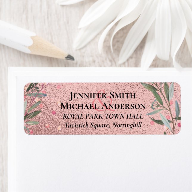 Rose Gold Eucalyptus Leaves Foil Look WEDDING Label (Insitu)