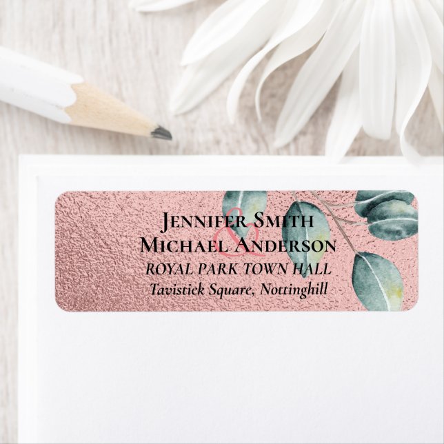Rose Gold Eucalyptus Leaves Foil Look WEDDING Label (Insitu)