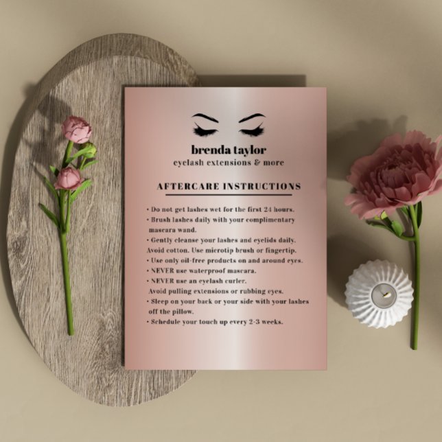 Rose Gold Eyelash  Browbar Aftercare Instructions Business Card