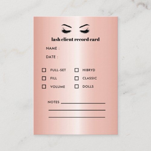 Rose Gold  Eyelash Extension Client Consultation Business Card