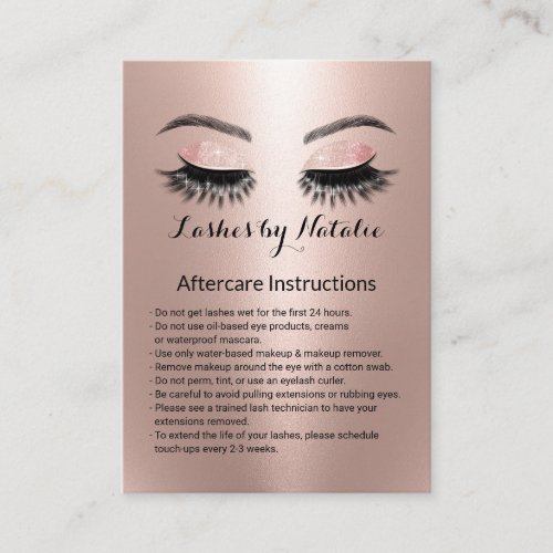 Rose Gold Eyelash Extensions Aftercare Instruction Business Card
