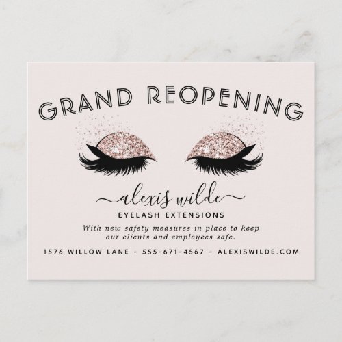Rose Gold Eyelashes Salon Grand Reopening Covid Postcard