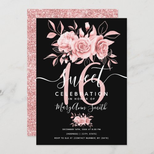Rose Gold Fab Floral Glitter 16th Birthday Black  Invitation