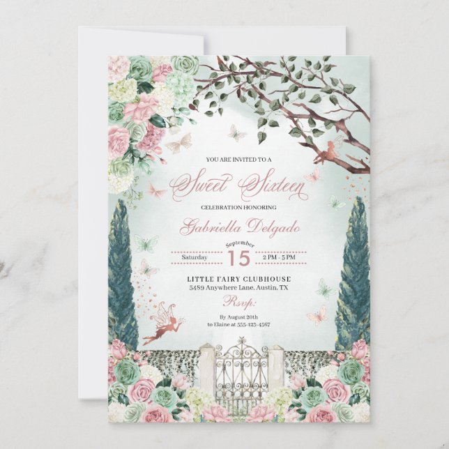 Rose Gold Fairy Enchanted Garden Sweet 16 Invitation (Front)