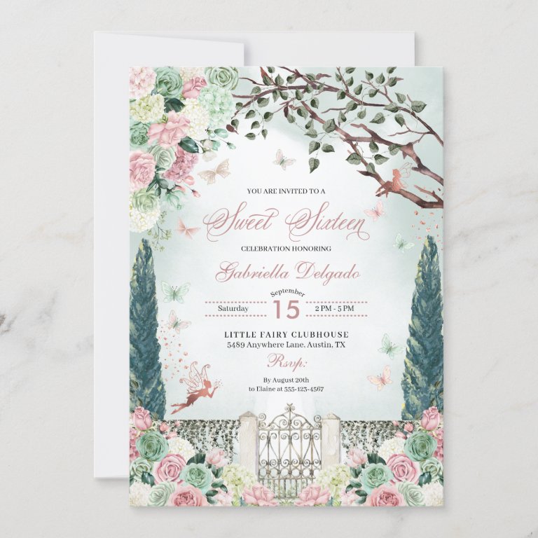 Rose Gold Fairy Enchanted Garden Sweet 16                    Invitation