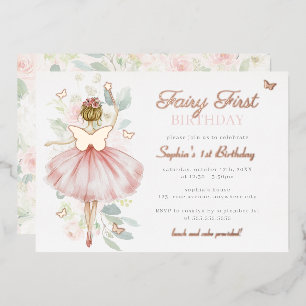Rose Gold Fairy First 1st Birthday Butterfly Foil Invitation