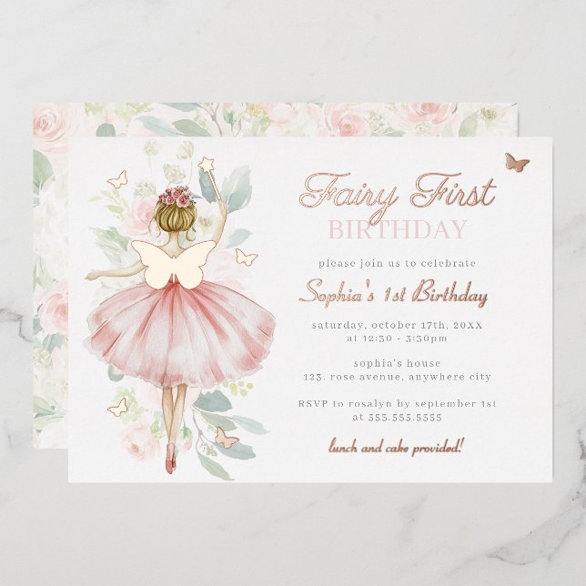Rose Gold Fairy First 1st Birthday Butterfly   Foil Invitation (Front/Back)
