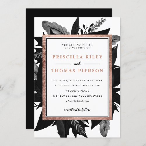 Rose gold fall floral black watercolor wedding invitation