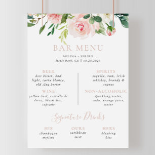 Rose Gold Fall Flowers Wedding Bar Menu Poster