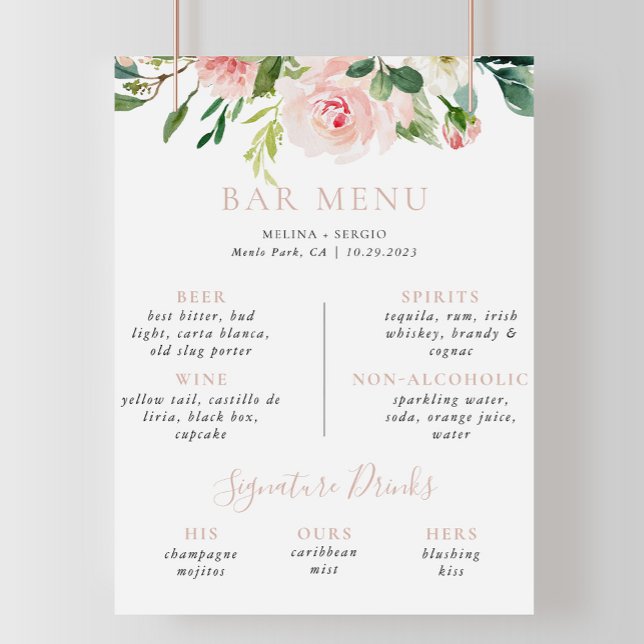 Rose Gold Fall Flowers Wedding Bar Menu  Poster (Creator Uploaded)
