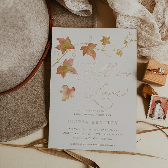 Rose Gold "Fall in Love" Bridal Shower Foil Invitation (Creator Uploaded)
