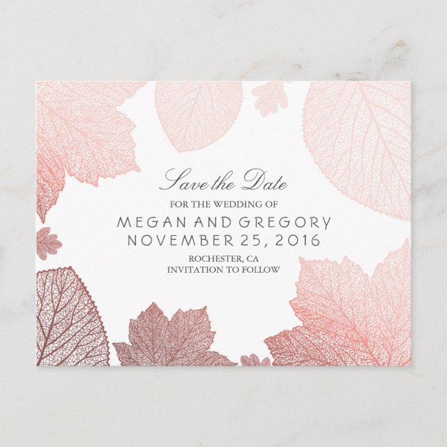 Rose Gold Fall Leaves Elegant Save the Date Announcement Postcard (Front)