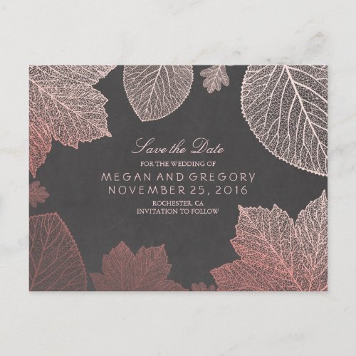Rose Gold Fall Leaves Elegant Save the Date Announcement Postcard