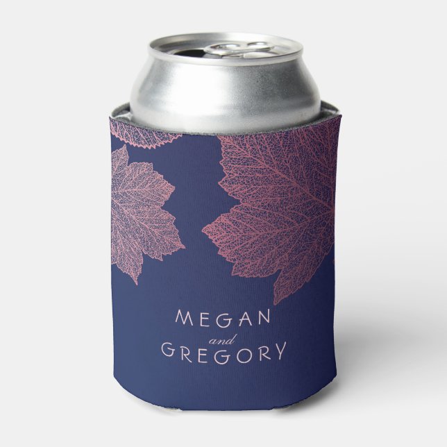 Rose Gold Fall Leaves Navy Blue Rustic Wedding Can Cooler (Can Front)