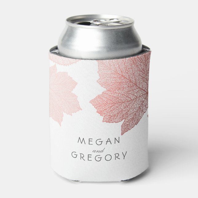 Rose Gold Fall Leaves White Elegant Wedding Can Cooler (Can Front)