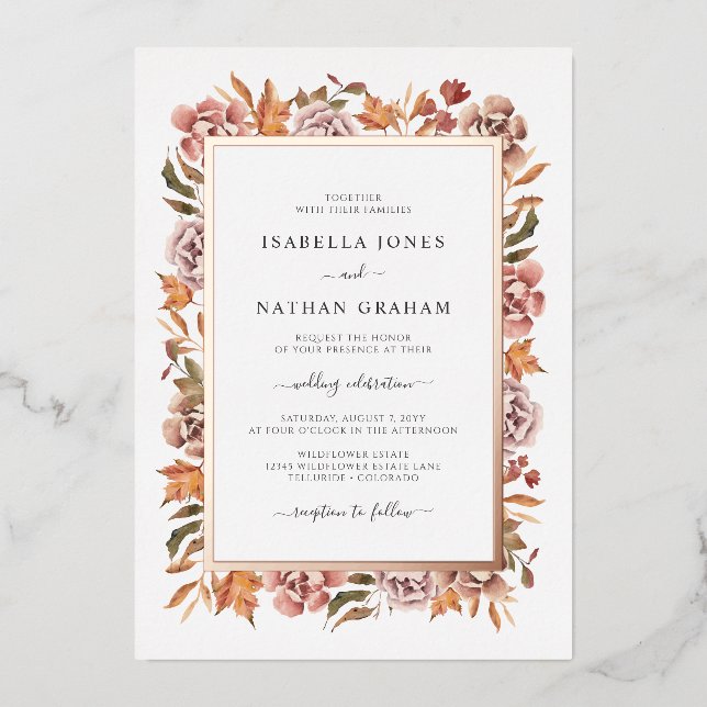 Rose Gold Fall Wedding Foil Invitation (Front)