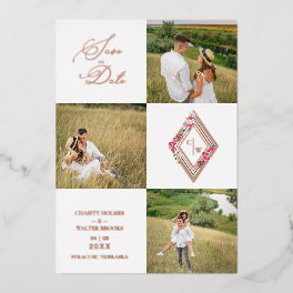 Rose Gold Fancy Modern Collage 3 Photos Wedding Foil Invitation