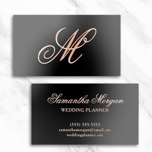 Rose Gold Fancy Monogram Black Foil Business Cards