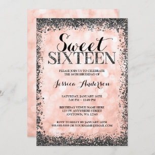 Rose Gold Faux Black Glitter Lights Sweet 16 Invitation