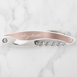Rose Gold Faux Brushed Metal Personalized Script Waiter&#39;s Corkscrew