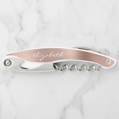 Rose Gold Faux Brushed Metal Personalized Script Waiters Corkscrew