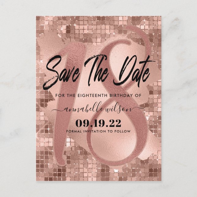 Rose Gold Faux Foil 18th Birthday Save The Date Postcard (Front)