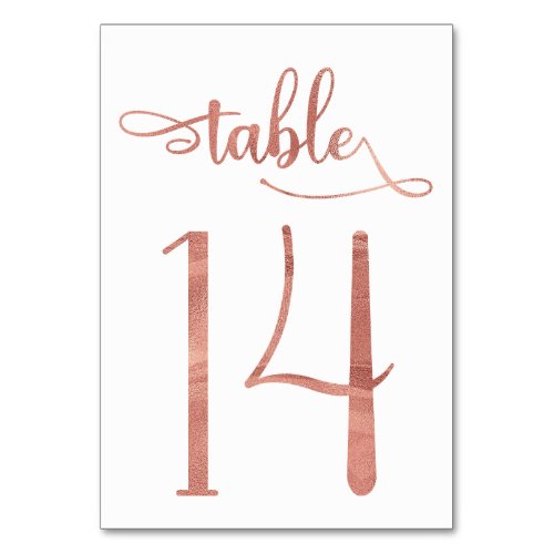 Rose gold faux foil 35x5 table number  Table 14