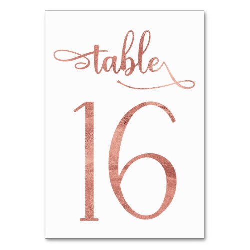 Rose gold faux foil 35x5 table number  Table 16