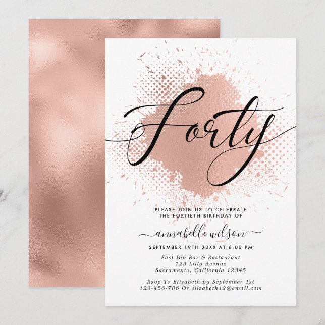 Rose Gold Faux Foil 40th Birthday  Invitation (Front/Back)
