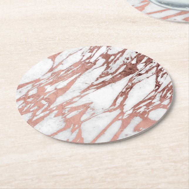 Rose Gold Faux Foil and White Marble Pattern Round Paper Coaster (Angled)
