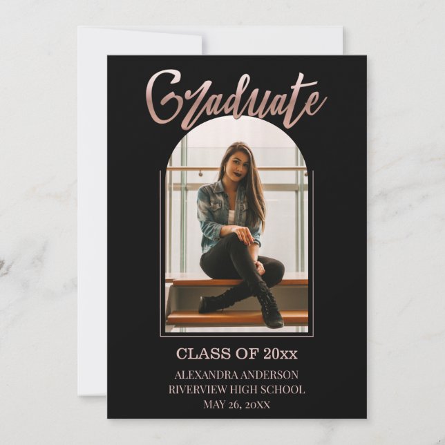 Rose Gold Faux Foil Arch Frame Photo Graduation Announcement (Front)