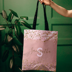 Rose Gold Faux Foil Glitter Pink Monogram Name Tote Bag