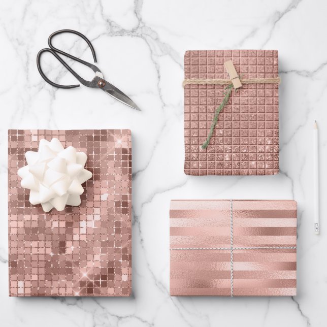 Rose Gold Faux Foil & Glitter Wrapping Paper Sheets (Front)