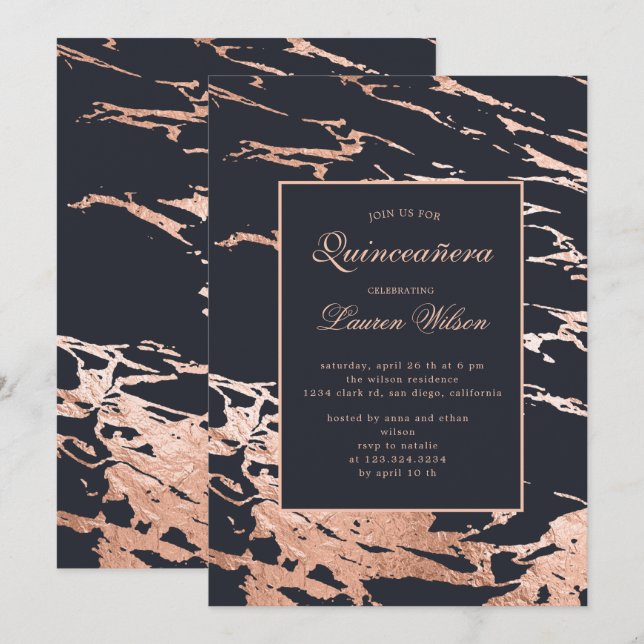 rose gold faux foil marble Quinceanera Invitation (Front/Back)