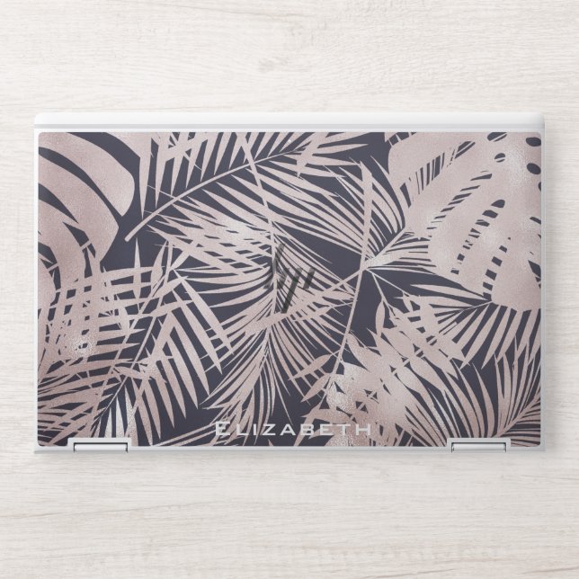 Rose gold faux foil palm leaves tropical monogram HP laptop skin (Front)