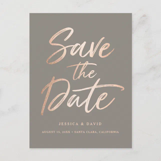 Rose Gold Faux Foil Script Announcement Postcard | Zazzle